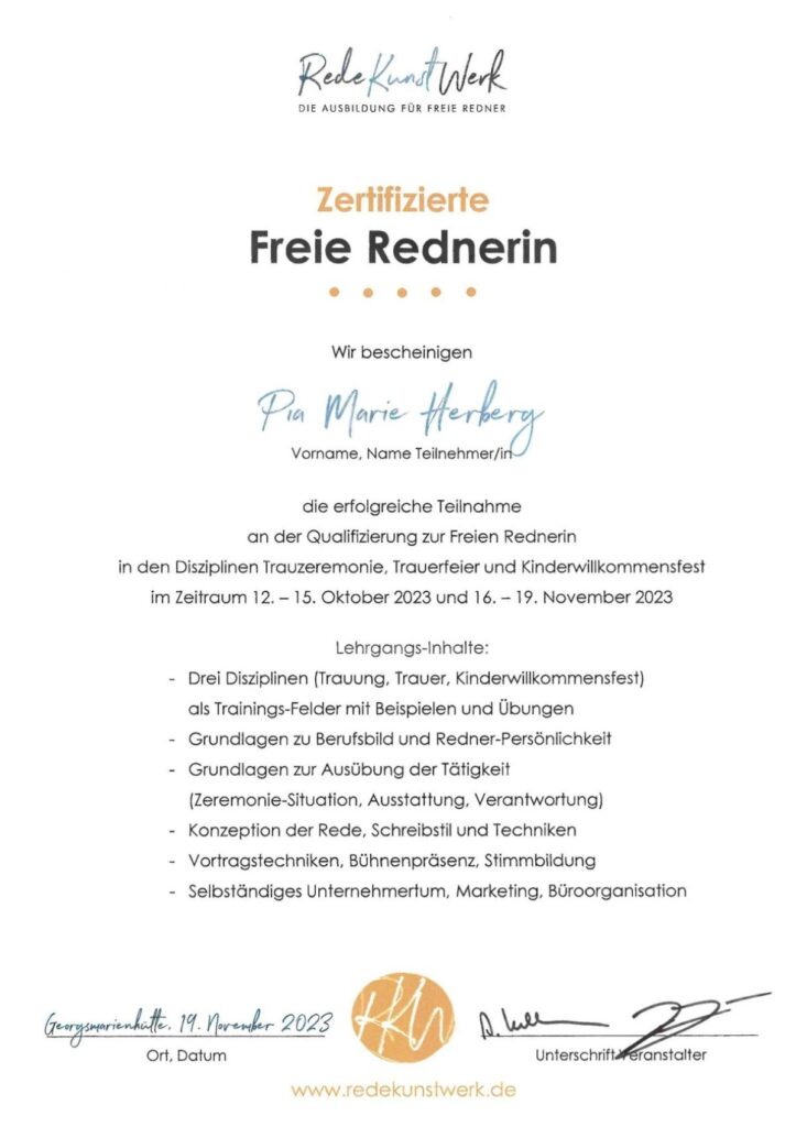 Zertifikat Pia Herberg Freie Rednerin Redekunstwerk